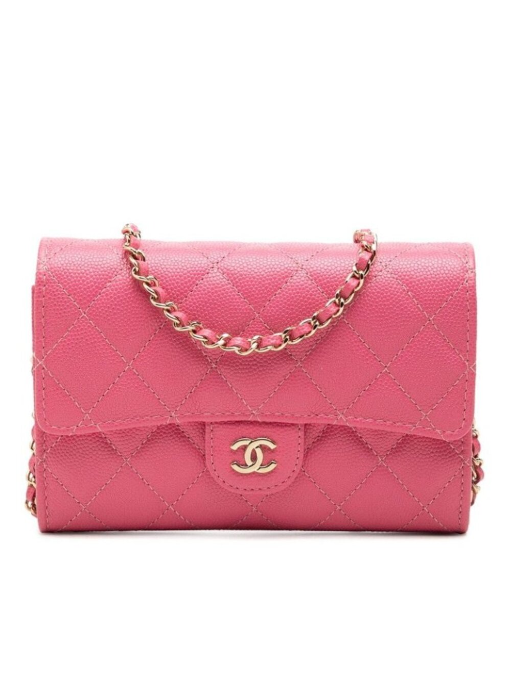 Chanel Quilted CC Logo Chain Wallet Shoulder Bag Pink Caviar Leather